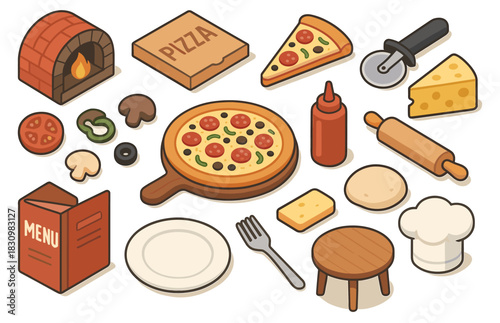Isometric pizza elements set including oven, slices, ingredients, and kitchen utensils