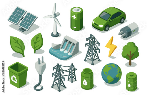 Sustainable energy icons: solar panels, wind turbines, electric car, and more