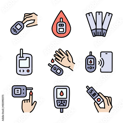 Glucometer Device color icons set. Performing blood glucose tests using glucometers. Glucose Test, Diabetic Consultation, Health Support.