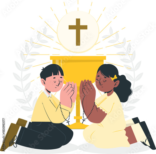 Children praying at first communion with chalice and cross Keywords: children, praying, first