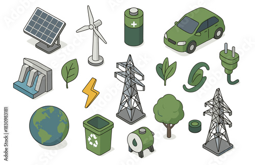 Eco-friendly energy sources and sustainable technology icons