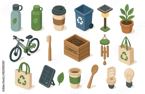 Eco-friendly lifestyle icons: sustainability and recycling essentials