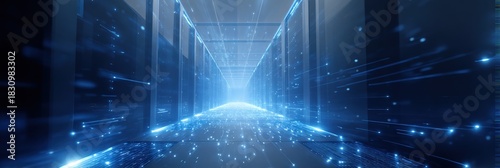 Futuristic digital data corridor with blue light streaks in a server room