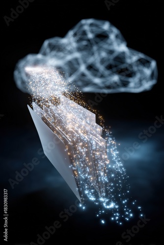 Digital cloud storage transformation with glowing data particles