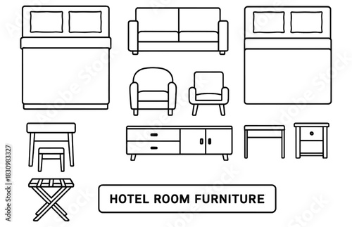 Hotel room furniture collection: beds, chairs, tables, dressers, and more