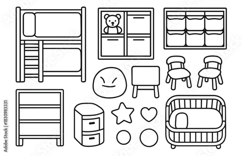Children's furniture and toys: bunk bed, storage units, teddy bear, cradle, playful chairs, shapes