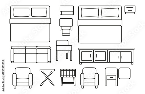 Minimalist furniture icons set featuring beds, sofas, chairs, and tables