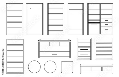Set of minimalist wardrobe and storage furniture designs