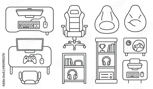 Line art of gaming room essentials: chair, console, desk, accessories, and storage