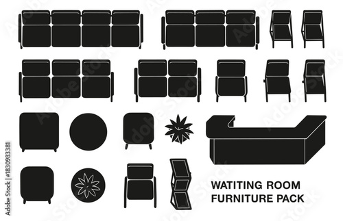 Waiting room furniture set with sofas, chairs, tables, and reception desk silhouettes