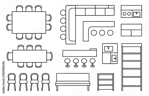 Floor plan with tables, sofas, and storage units in minimalist style
