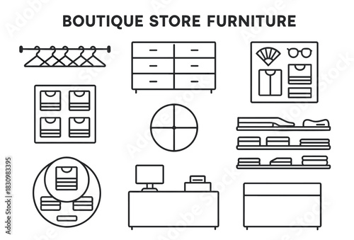 Boutique store furniture icons and display elements overview