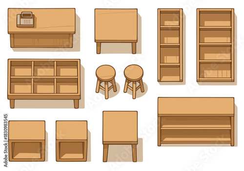 Wooden furniture set with shelves, tables, stools, and countertop