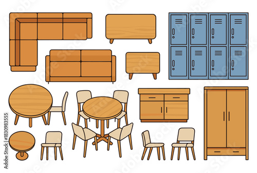 Variety of office and home furniture including chairs, tables, lockers, and sofas