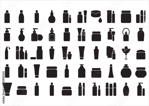 Silhouette beauty products containers and dispensers vector graphic asset set