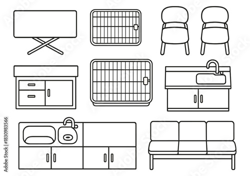 Outline drawings of furniture and fixtures including tables and chairs