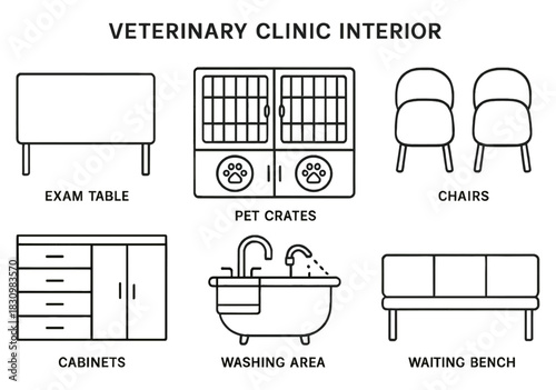 Veterinary clinic interior: exam table, pet crates, cabinets, washing area, chairs, waiting bench