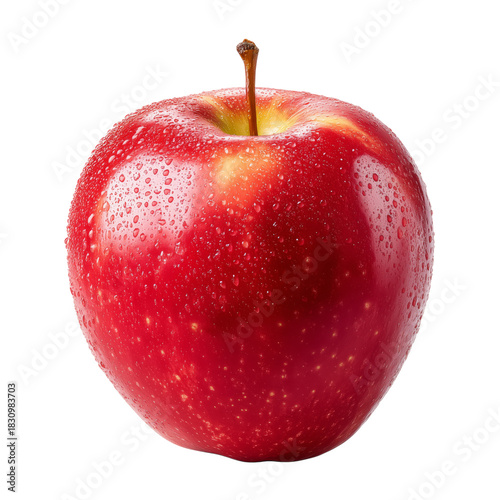 Shiny Red Apple With Droplets of Water on Its Surface Placed on a White Backg...