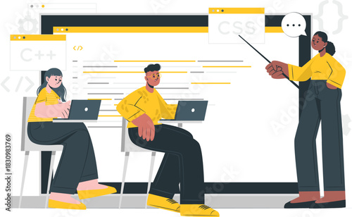 Coding class with teacher and students learning programming education