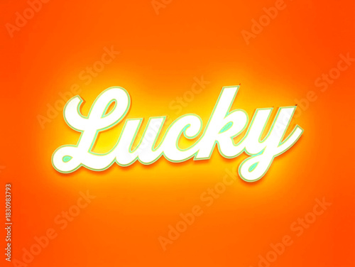 The word lucky written in a glowing, cursive, white font on an orange background