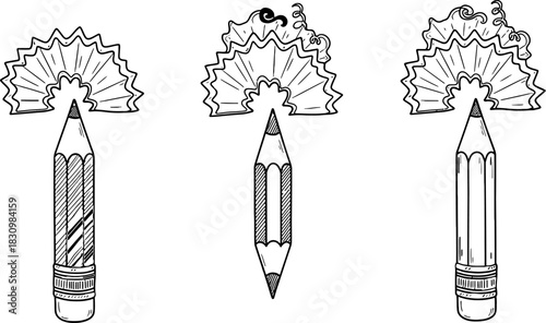 Black and white line art vector illustration of three sharpened pencils and detailed wood shavings.