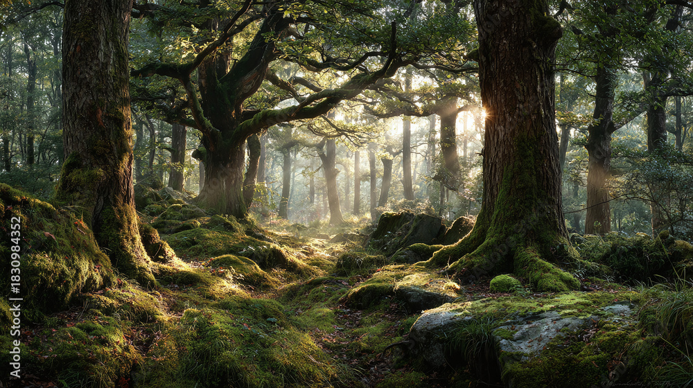 Fototapeta premium A mystical forest scene, with sunlight filtering through the trees, illuminating the path