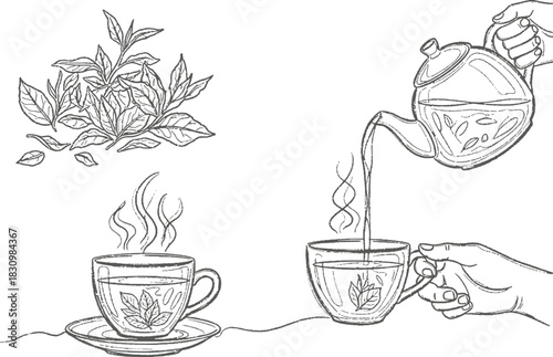 Monochrome sketch of fresh tea leaves, teapot, and steaming cups of herbal beverage.