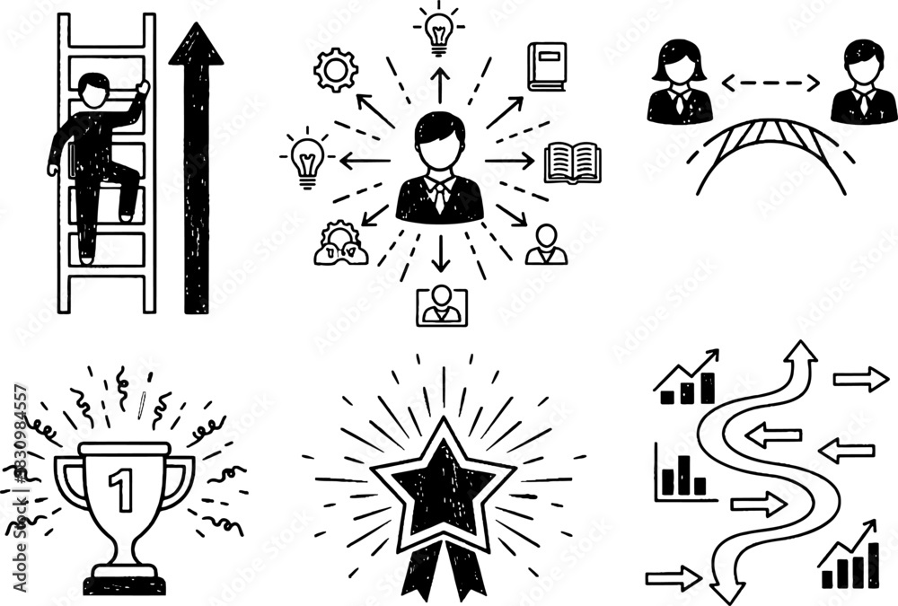 Fototapeta premium A doodle style collection of hand-drawn icons representing business success, career growth, and achievement concepts.