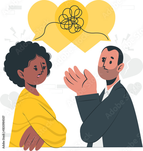 Couple arguing with tangled thoughts and broken heart symbols argument relationship