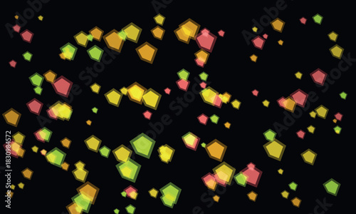 Vibrant abstract pentagons float against a dark background, creating a festive and energetic mood.