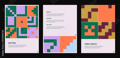 Modern editorial posters with geometric pixel tile layouts