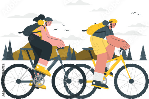 Couple cycling through a mountainous landscape with trees biking woman