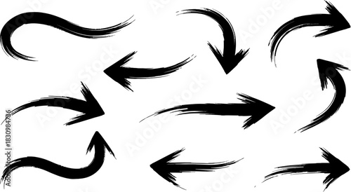 Collection of black distressed arrows drawn with a bold grunge brush stroke texture on white.