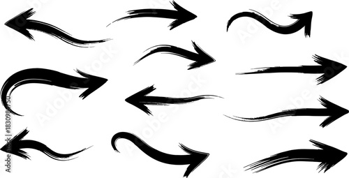 Collection of distressed black brushstroke arrows for design, indicating direction and movement on white.