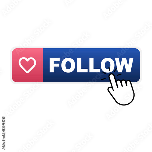 Follow button with hand and heart, click. Vector illustration