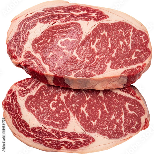 Two Fresh Raw Ribeye Steaks Premium Beef Cut Butcher Shop Display Delicious Meat Texture Food on transparent background