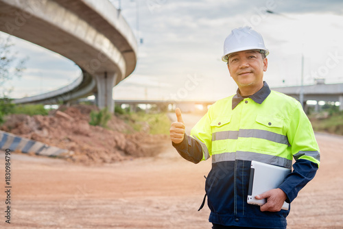 Senior construction manager or engineer standing at highway construction site, holding tablet, long overpass behind successful administration of approval for large infrastructure development.