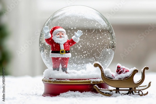 Tiny Santa Claus inside snow globe surrounded by winter wonderland decorations