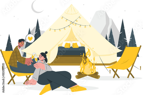 Couple enjoys camping with tent campfire and chairs vector illustration