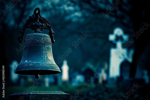 Mysterious antique church bell stands in foggy cemetery at night among ancient stone tombs