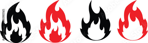 Four Stylized Fire Flame Icons in Red and Black symbol