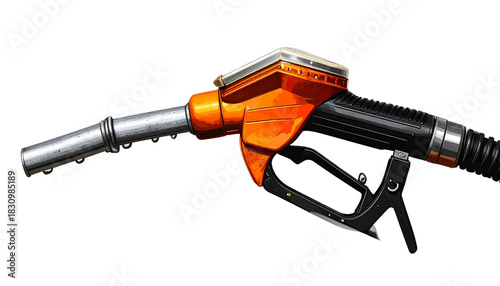 Close-up of a gas pump nozzle dispensing fuel, highlighting energy, transportation, and fuel station concepts, perfect for automotive, industry, or business visuals.