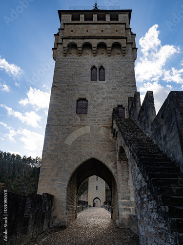 Close-up of a tower of the Valentrén bridge, in the medieval city of Cahors, over the Lot River. Lot Valley, Ocitanie Region, France.