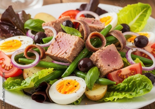Delicious and fresh nioise salad with seared tuna steak, hardboiled egg, green bean, tomato, and olive on white plate close up