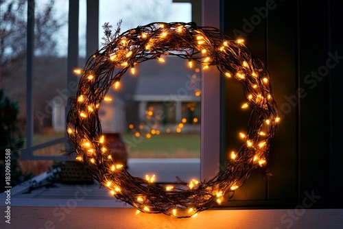 Twinkling fairy lights enhance a festive Christmas wreath on a cozy home entrance at night
