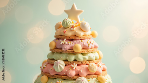 Delightful cake tower with pastel colors, decorated with cream, candies, and star on top, creating festive atmosphere