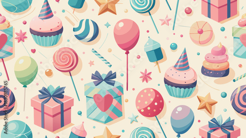 Seamless cartoon birthday party pattern with cute Easter eggs, cake, balloons, and sweet candy illustration