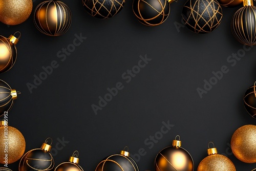 Elegant matte black and gold ornaments arranged on dark surface create festive atmosphere for holidays