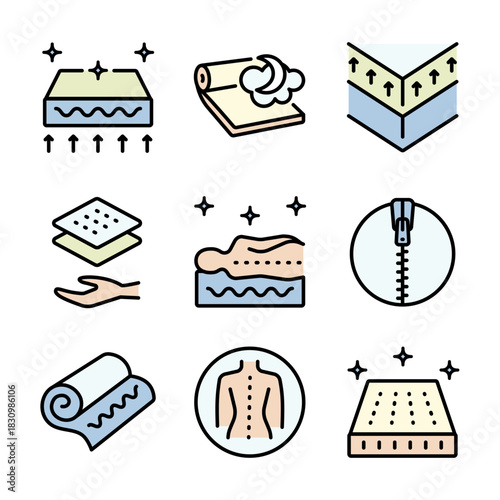 Mattress for sleeping color icons set. Memory foam symbols shows different types of mattresses with features like breathability, firmness, and pressure relief.