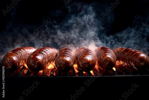 Grilled bratwurst sizzling on the barbecue during a festive celebration of Oktoberfest in Germany